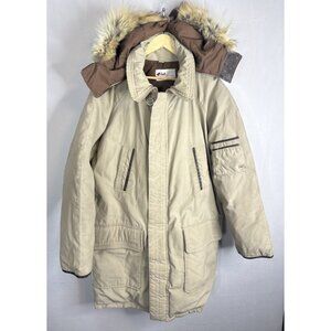 Vintage Club International Down Parka Beige Fur Trim Hood Canada Made Men L